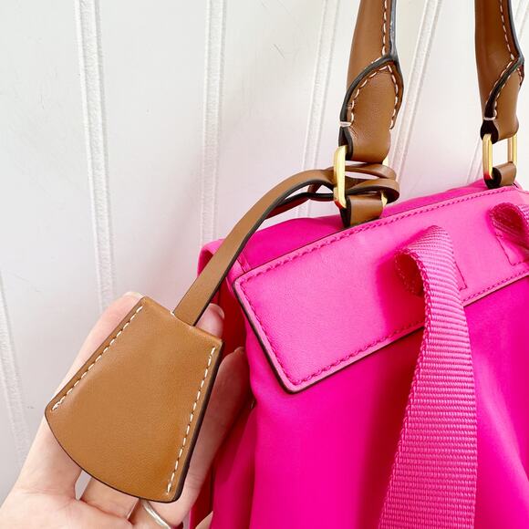 Tory Burch Perry Nylon Flap Backpack Bright Pink Fuchsia Leather Trim Bag - Picture 11 of 16